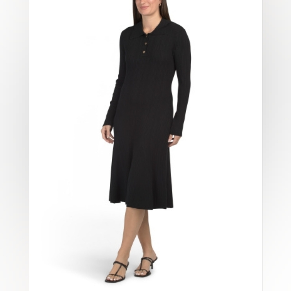 NWT - Nanette Lepore Quarter Button Black Ribbed Midi Sweater Dress - Size XL